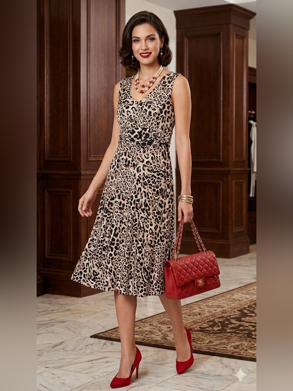 Dana Buchman Leopard Animal Print Ruched Waist A-Line Dress M